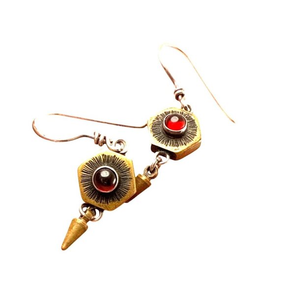 Vintage-Inspired Hexagon Brass Earrings With Red Stones & Engraved PRC Detail - Picture 3 of 7